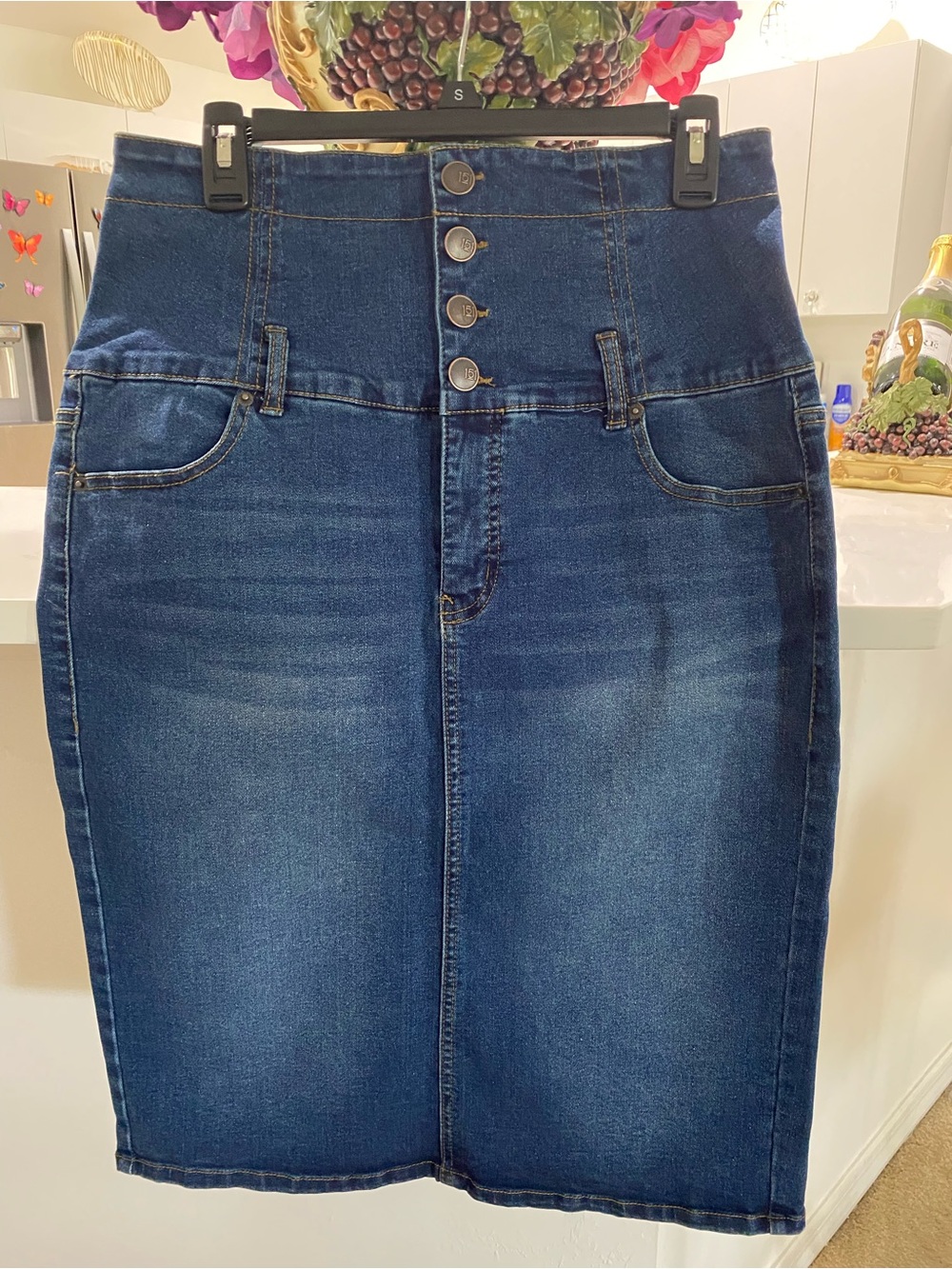 one 5 one Dark Blue High-Waist Denim Midi Skirt